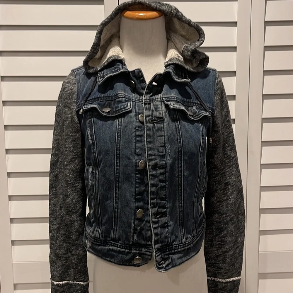 Free People Jean Jacket with Sweat Sleeves and hoodie - Picture 3 of 8